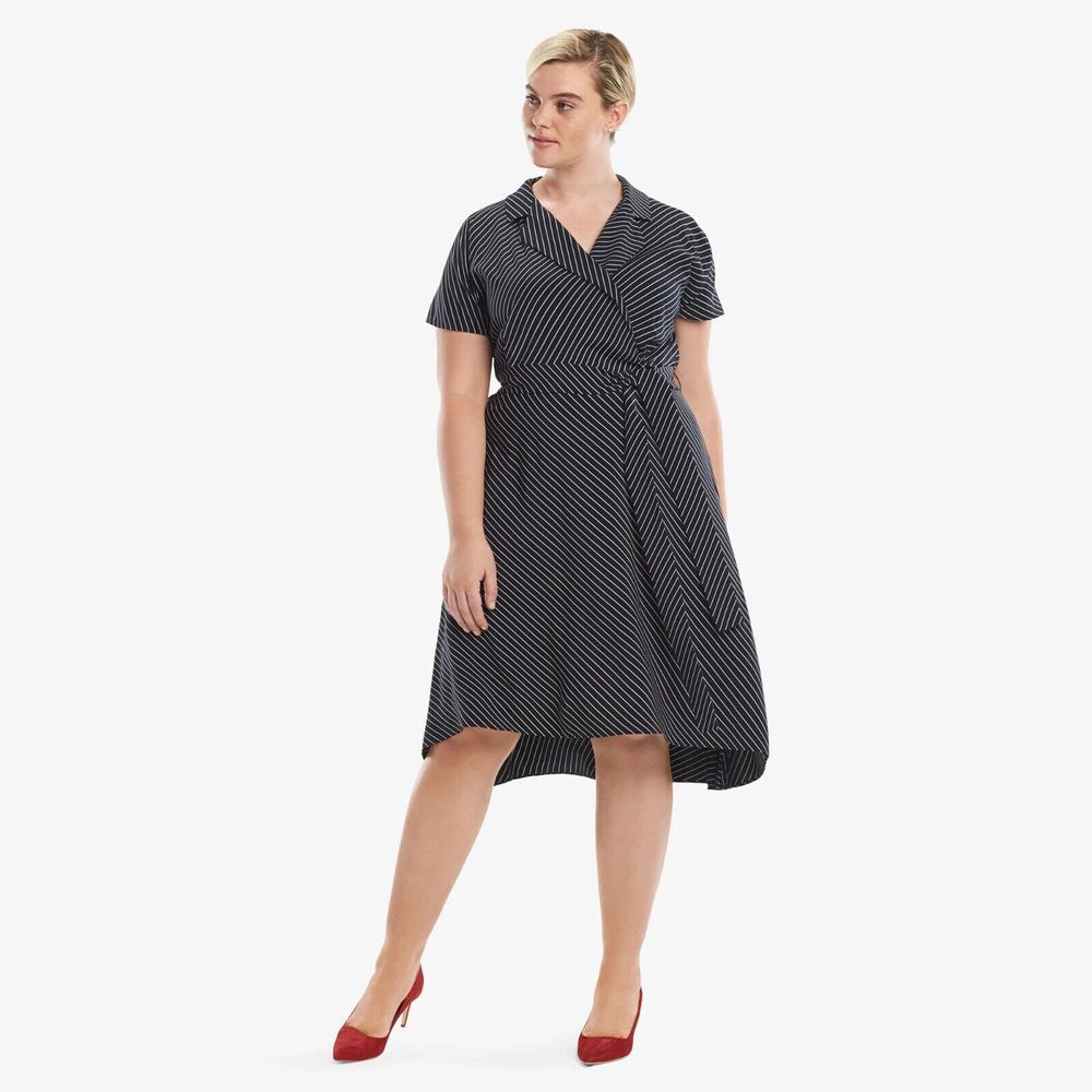 MM Lafleur Aurelia Dress Diagonal Stripe Women +1 NWOT V-neck Short Sleeve Navy
